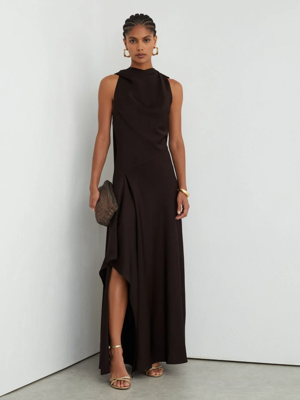 Reiss Grape Burgundy Satin Cape-detail Maxi Dress, view 5