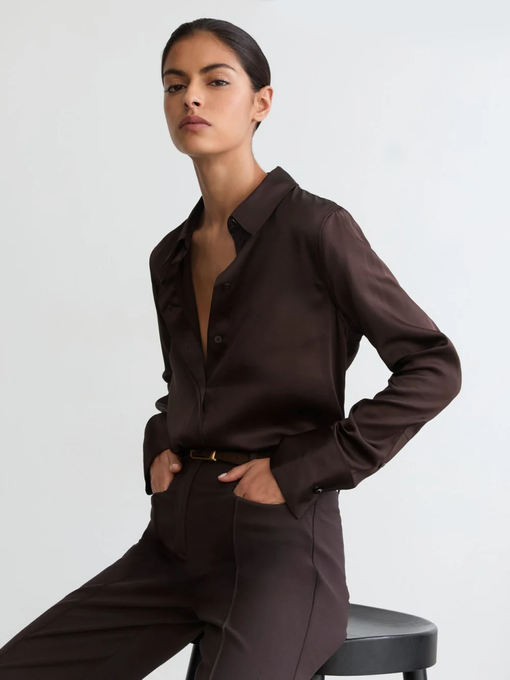 Reiss Grape Burgundy Silk-satin Concealed-placket Shirt