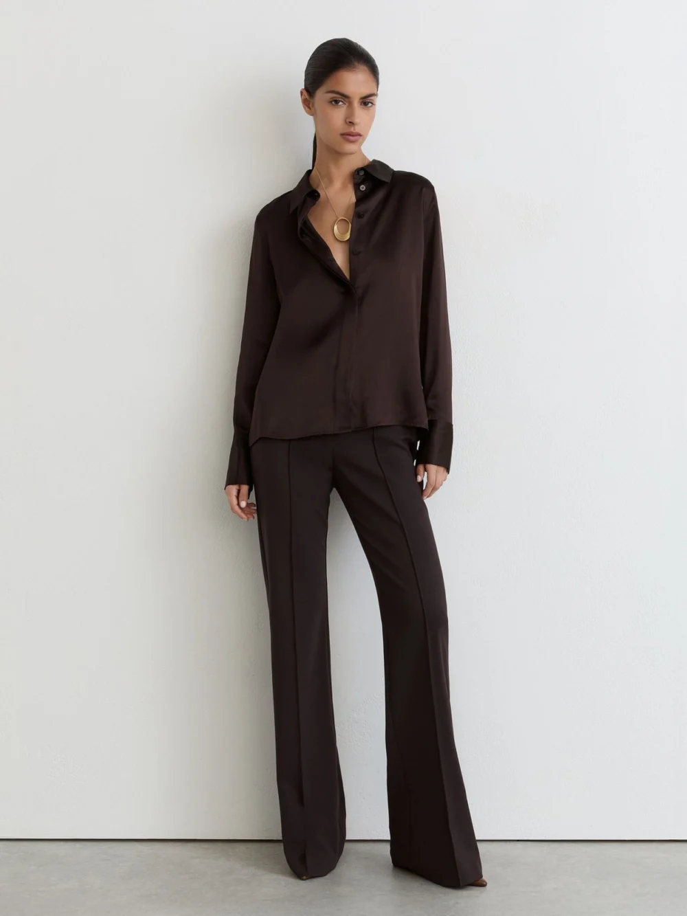 Reiss Grape Burgundy Silk-satin Concealed-placket Shirt, view 3