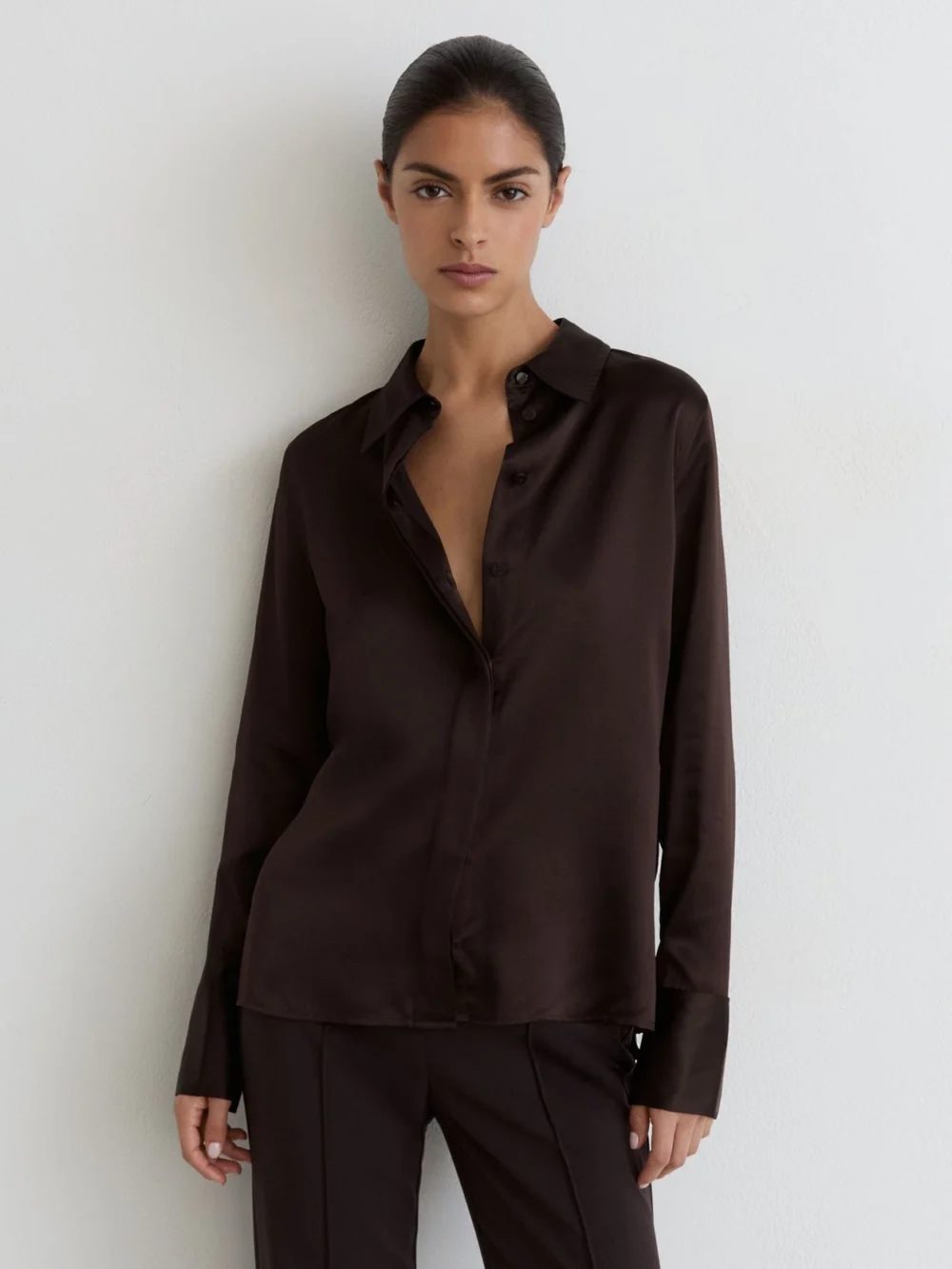 Reiss Grape Burgundy Silk-satin Concealed-placket Shirt, view 5