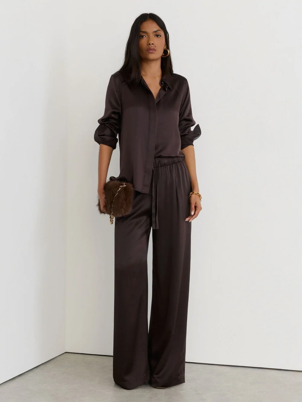 Reiss Grape Burgundy Silk Wide-leg Trousers, view 5