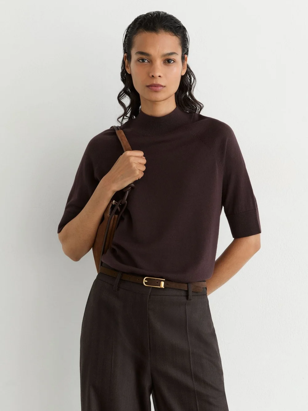 Reiss Grape Burgundy Ultra-soft Merino Wool Funnel-neck Top