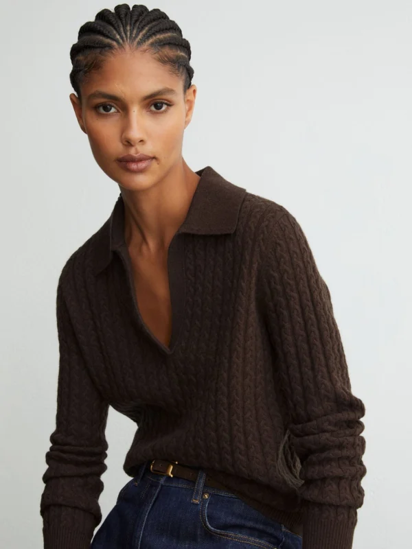 Reiss Grape Burgundy Wool-cashmere Cable-knit Collared Jumper
