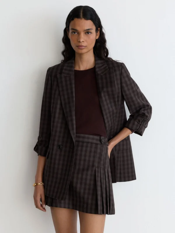 Reiss Grape Check Wool Pleated Mini Skirt