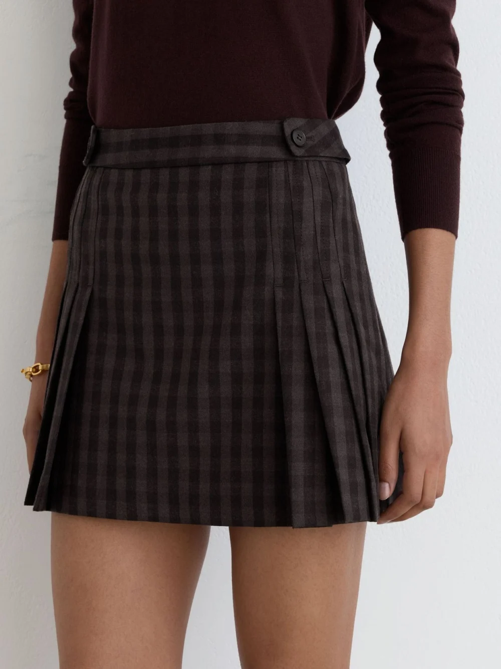 Reiss Grape Check Wool Pleated Mini Skirt, view 3