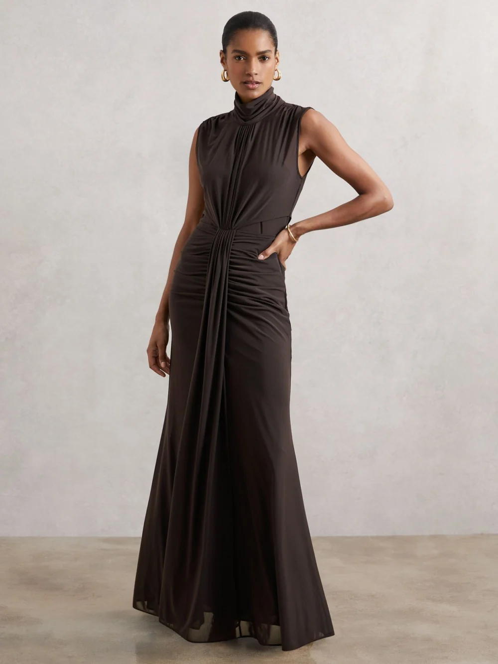 Reiss Grape Petite Sheer Ruched Maxi Dress, view 3