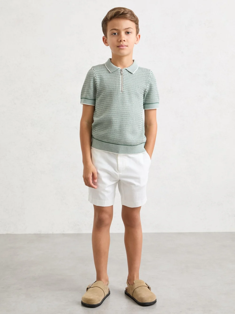 Reiss Green 13-14 yrs Textured-knit Half-zip Polo Shirt,, view 2
