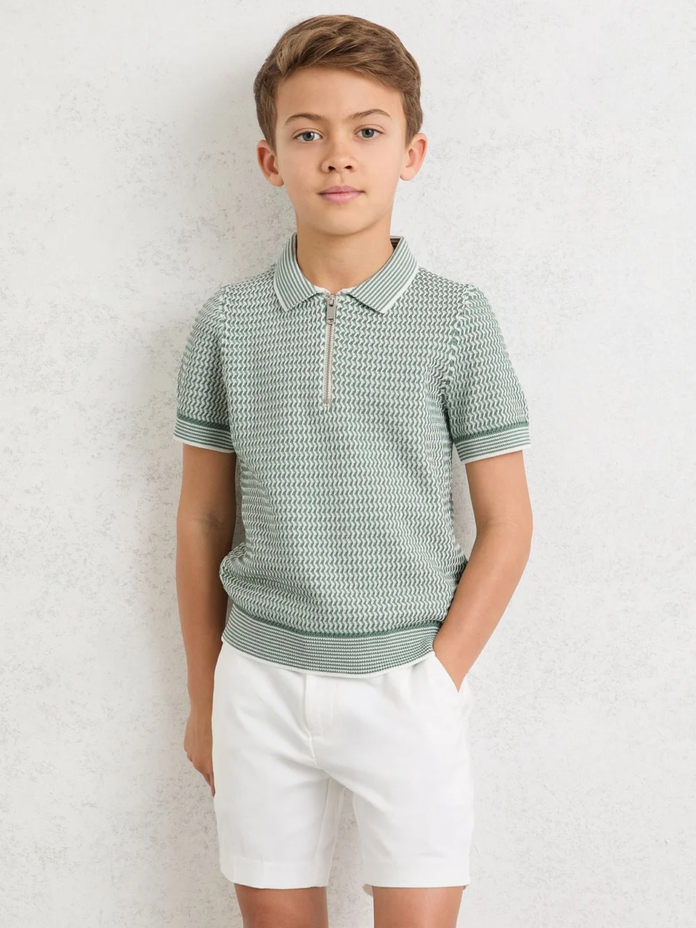 Reiss Green 13-14 yrs Textured-knit Half-zip Polo Shirt,, view 3