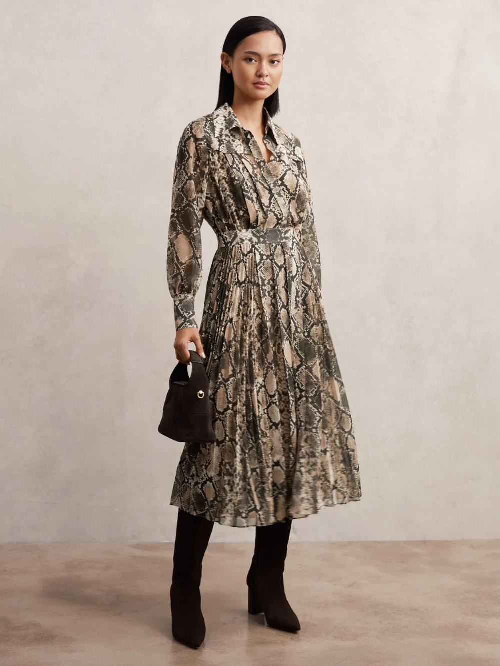 Reiss Green & Beige Snake Print Pleated Midi Dress, view 4