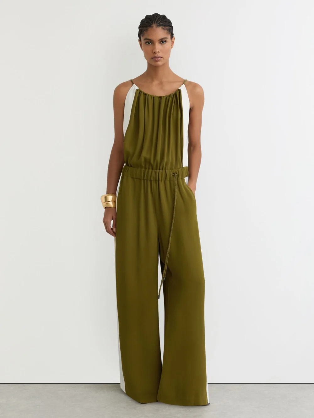 Reiss Green & Cream Colourblock Gathered Wide-leg Jumpsuit in green/cream