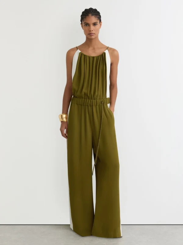Reiss Green & Cream Colourblock Gathered Wide-leg Jumpsuit