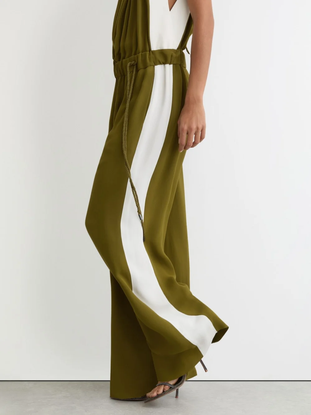 Reiss Green & Cream Colourblock Gathered Wide-leg Jumpsuit, view 3