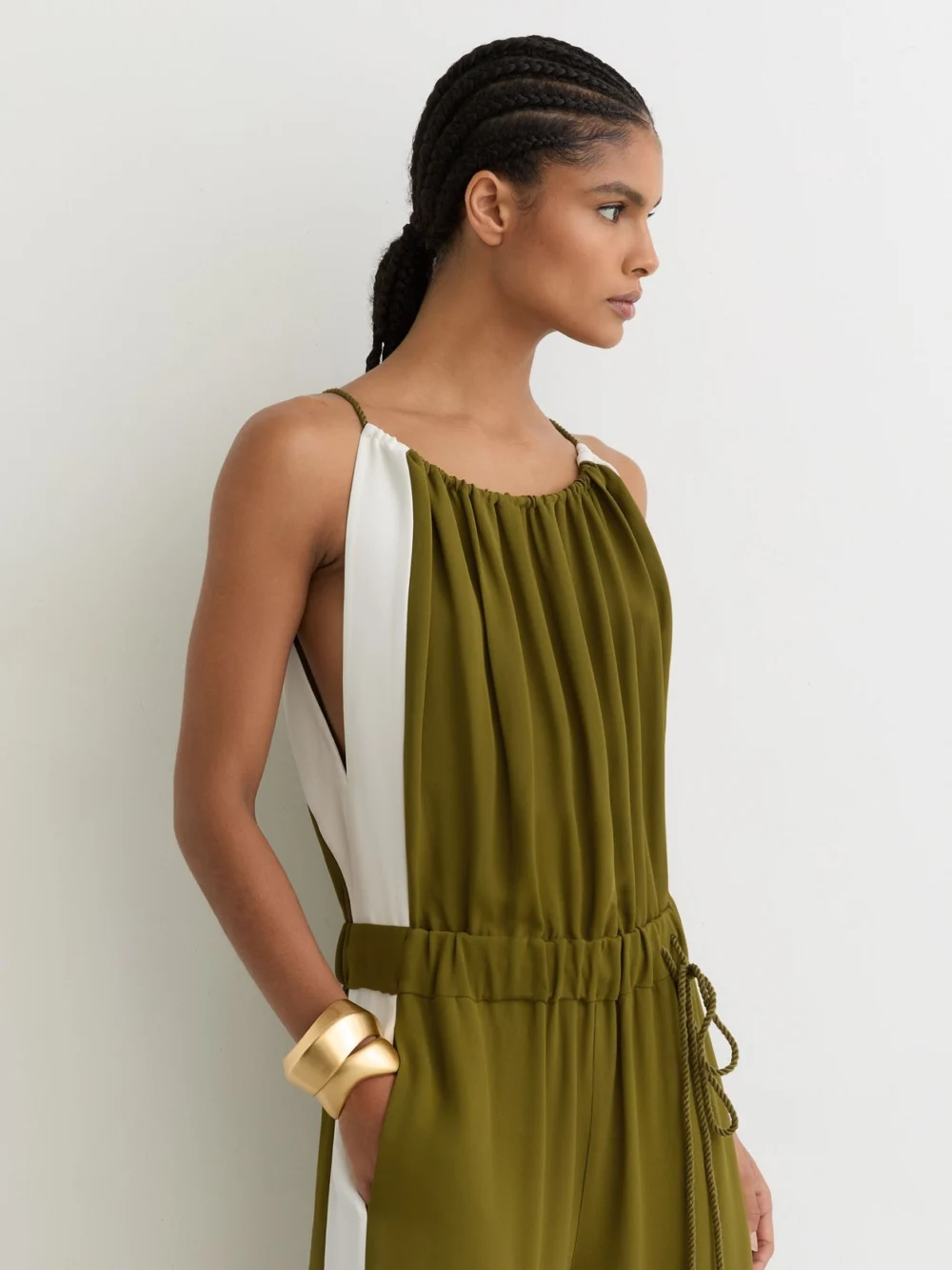 Reiss Green & Cream Colourblock Gathered Wide-leg Jumpsuit, view 4