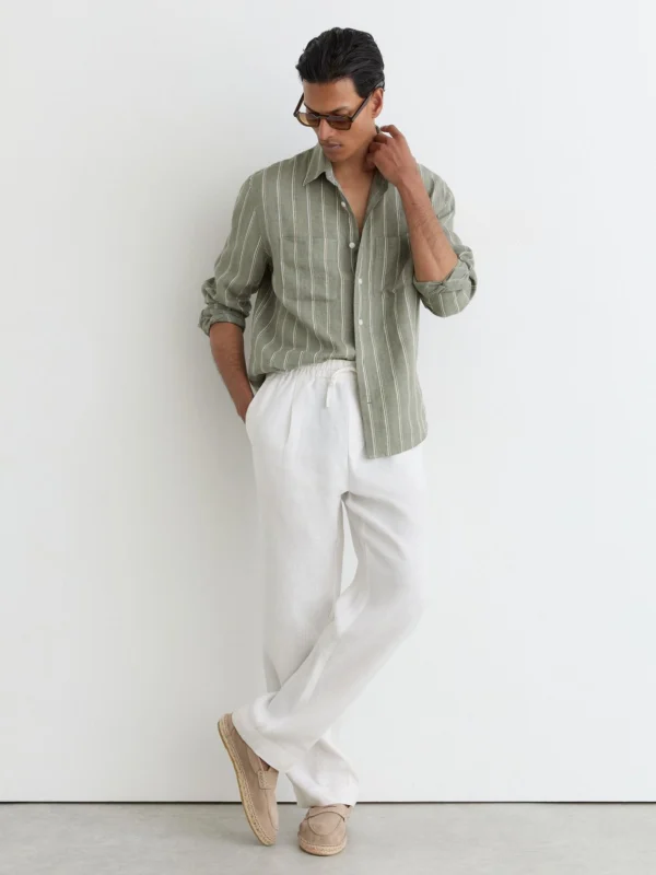 Reiss Green & White Linen Striped Regular-fit Shirt