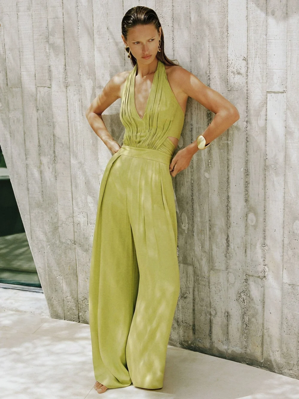 Reiss Green Halterneck Pleated Wide-leg Jumpsuit