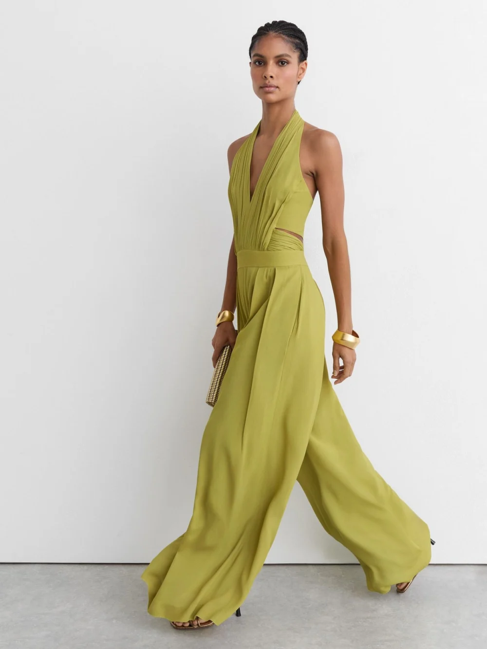 Reiss Green Halterneck Pleated Wide-leg Jumpsuit, view 3