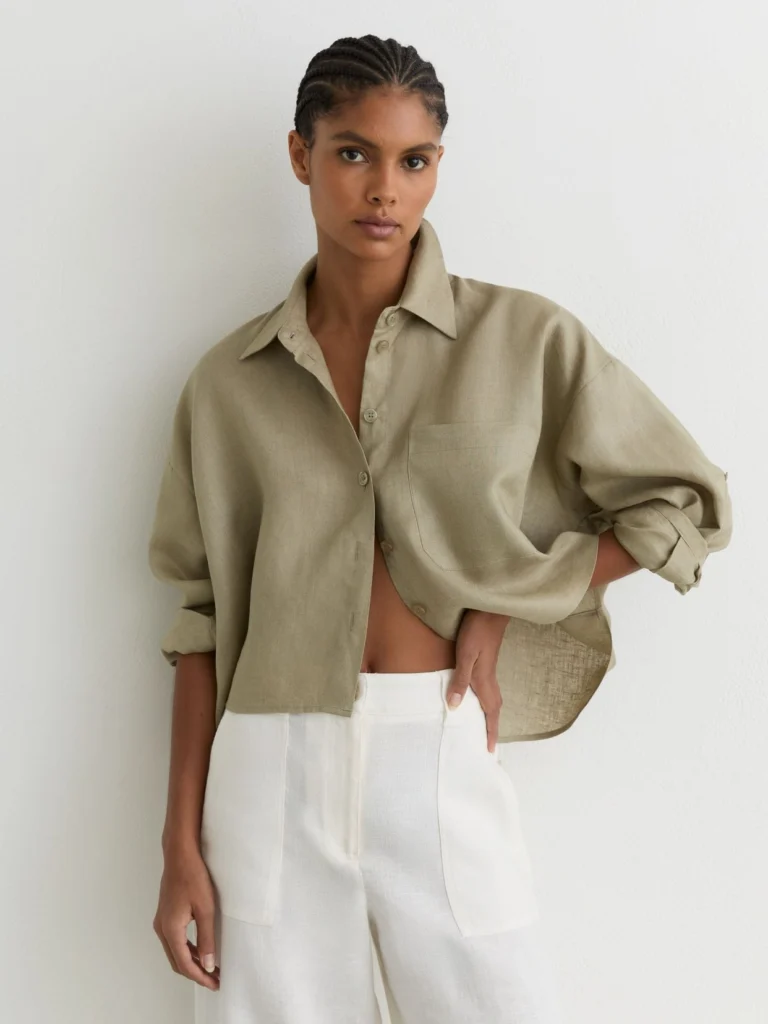 Reiss Green Linen Oversize Cropped Shirt