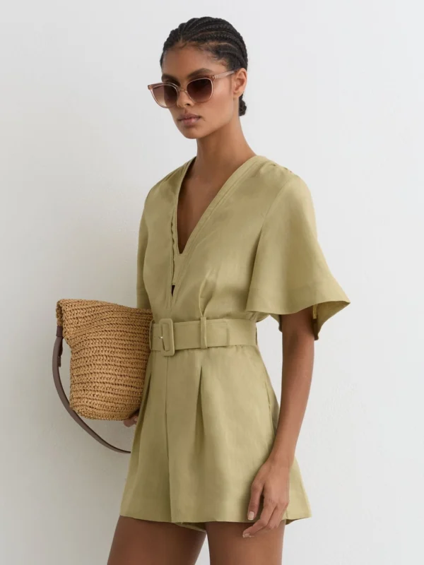 Reiss Green Linen Short-sleeve Belted Playsuit