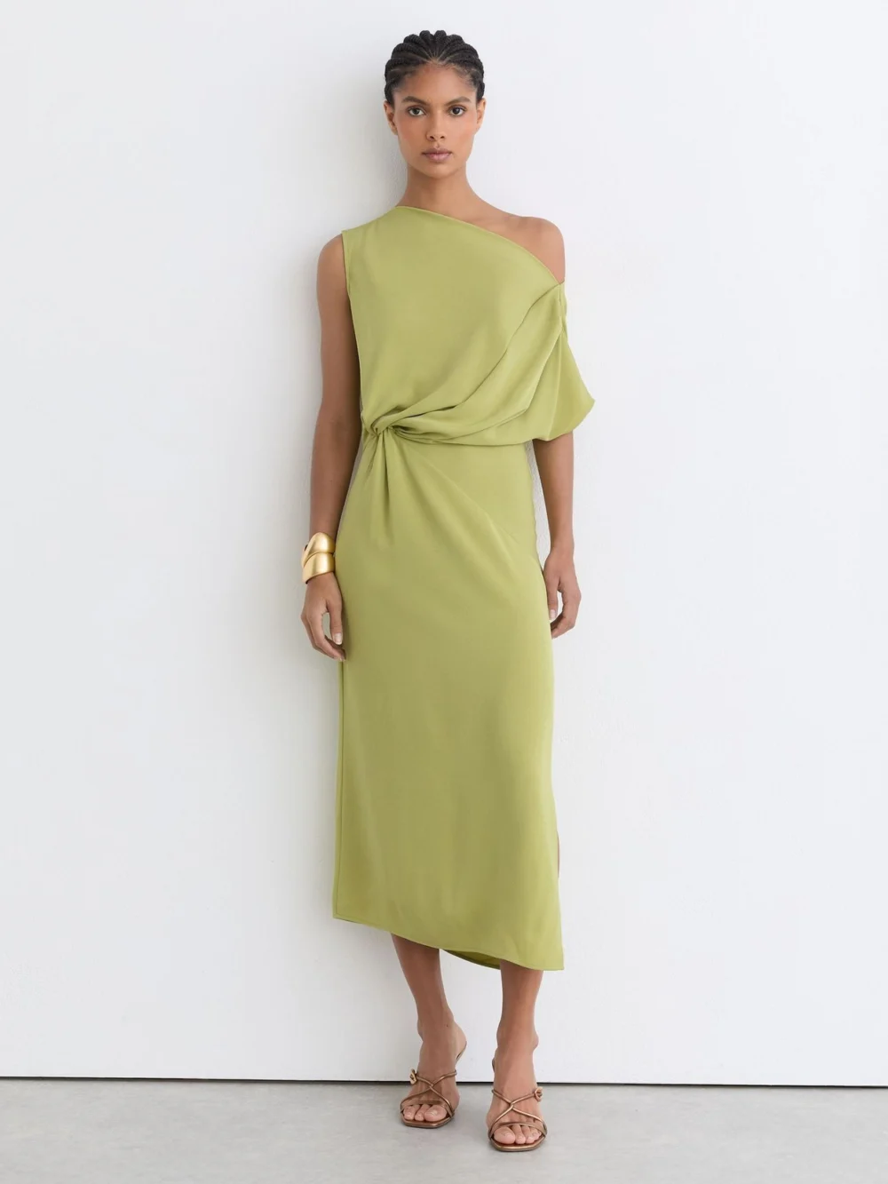 Reiss Green Off-shoulder Tuck-detail Midi Dress