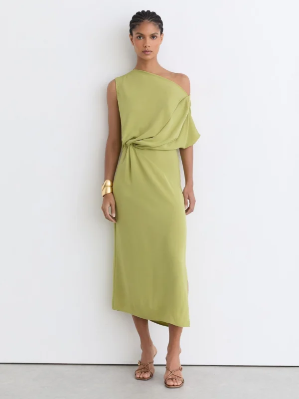 Reiss Green Off-shoulder Tuck-detail Midi Dress