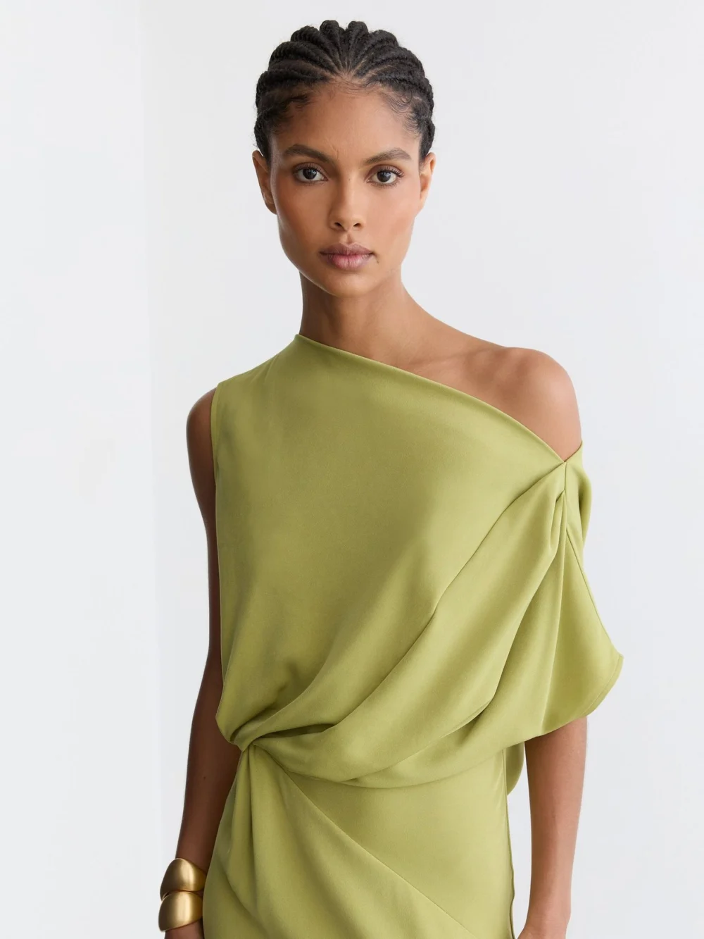 Reiss Green Off-shoulder Tuck-detail Midi Dress, view 3