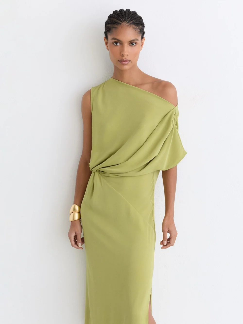 Reiss Green Off-shoulder Tuck-detail Midi Dress, view 4