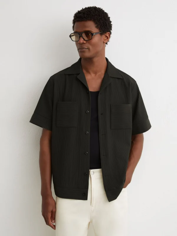 Reiss Green Ribbed Cuban-collar Shirt