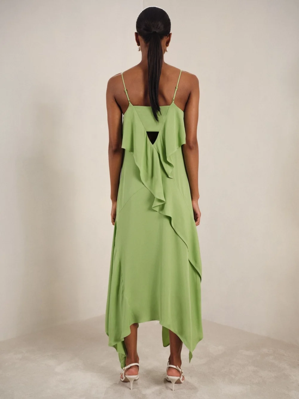 Reiss Green Ruffled Midi Dress, view 4