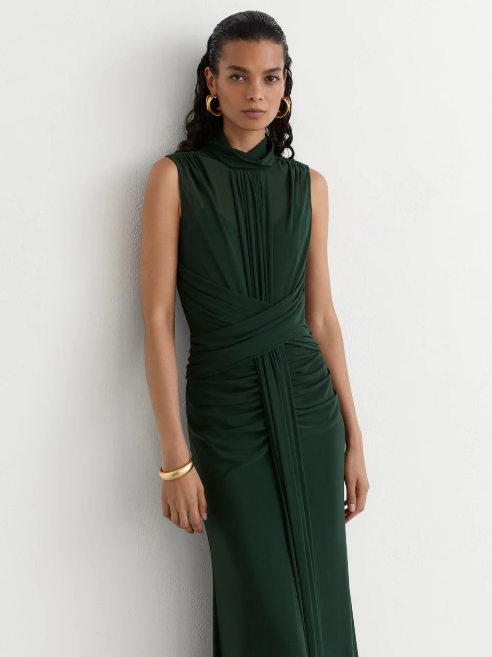 Reiss Green Sheer Ruched Sleeveless Maxi Dress
