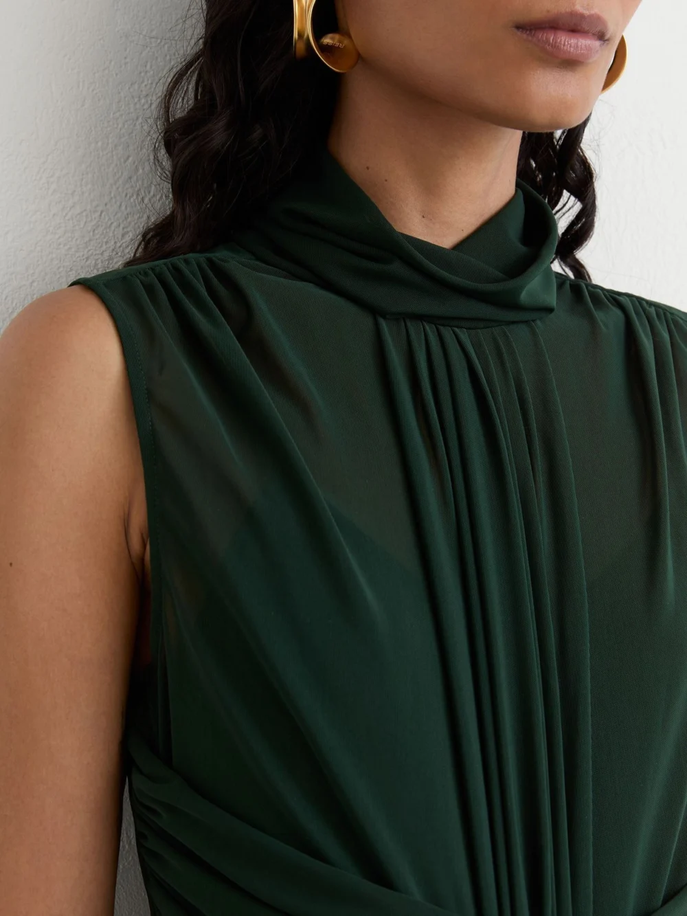 Reiss Green Sheer Ruched Sleeveless Maxi Dress, view 3