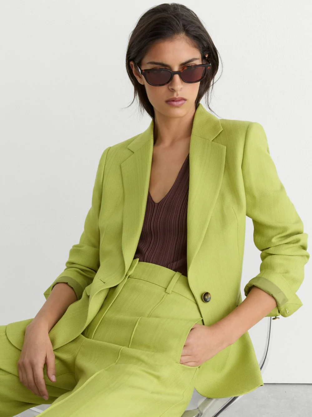 Reiss Green Textured-weave Single-breasted Suit Blazer