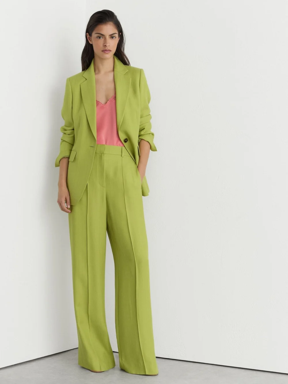 Reiss Green Textured-weave Wide-leg Suit Trousers, view 5