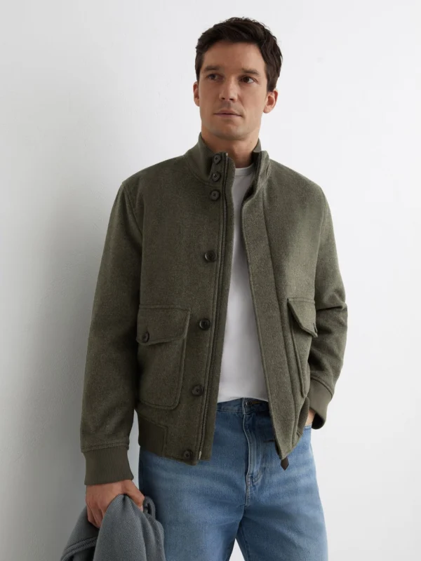 Reiss Green Wool-blend Funnel-neck Bomber Jacket