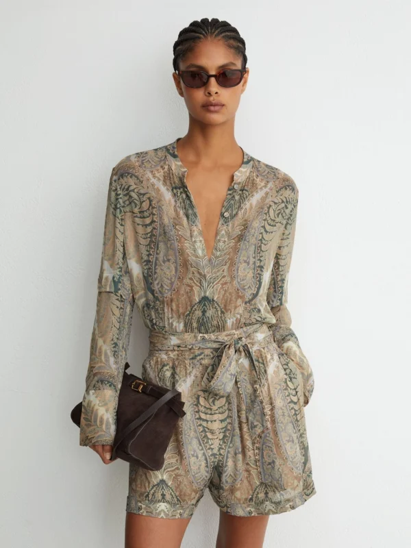 Reiss Grey & Neutral Paisley-print Tie-waist Playsuit