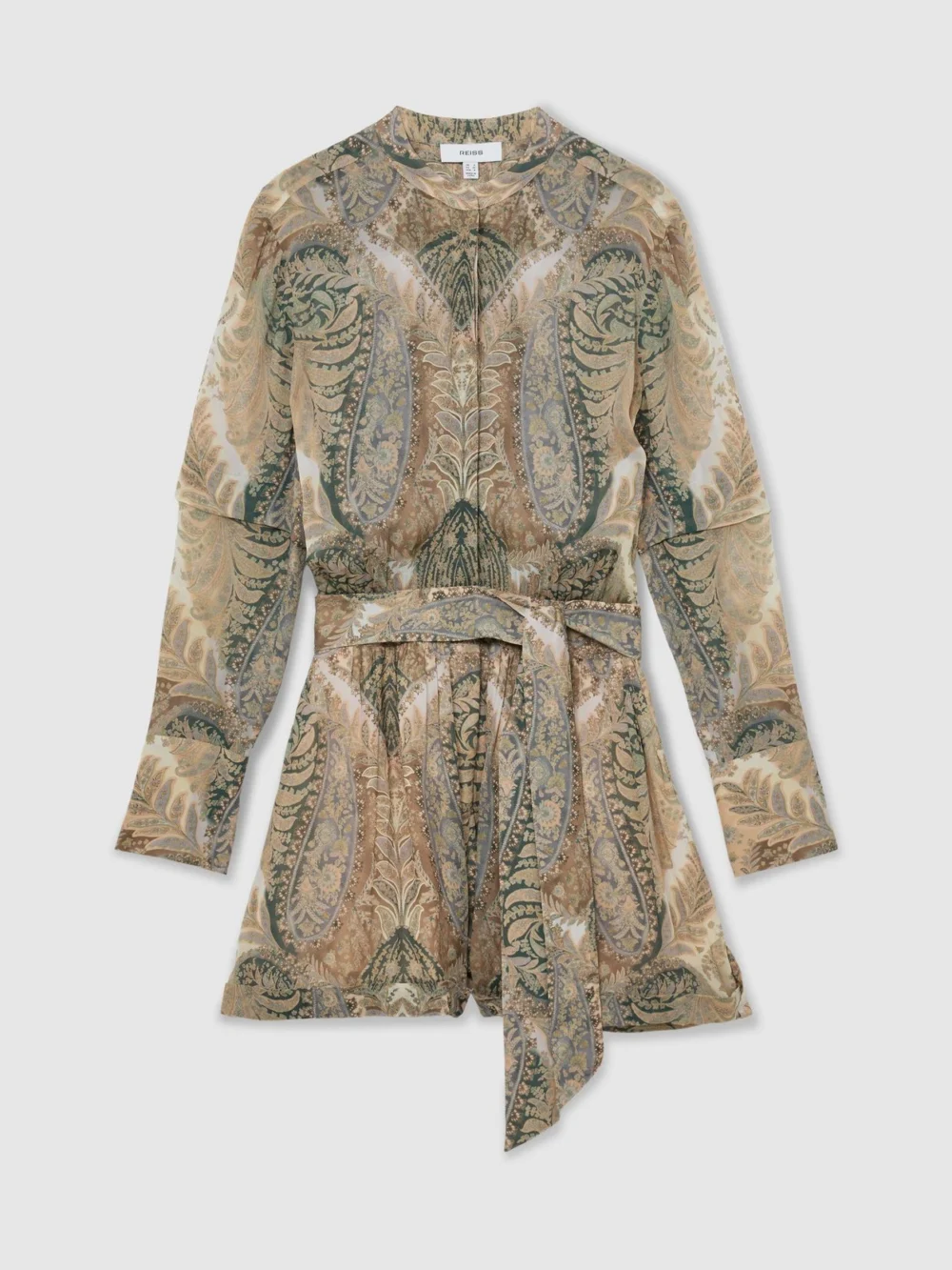 Reiss Grey & Neutral Paisley-print Tie-waist Playsuit, view 2