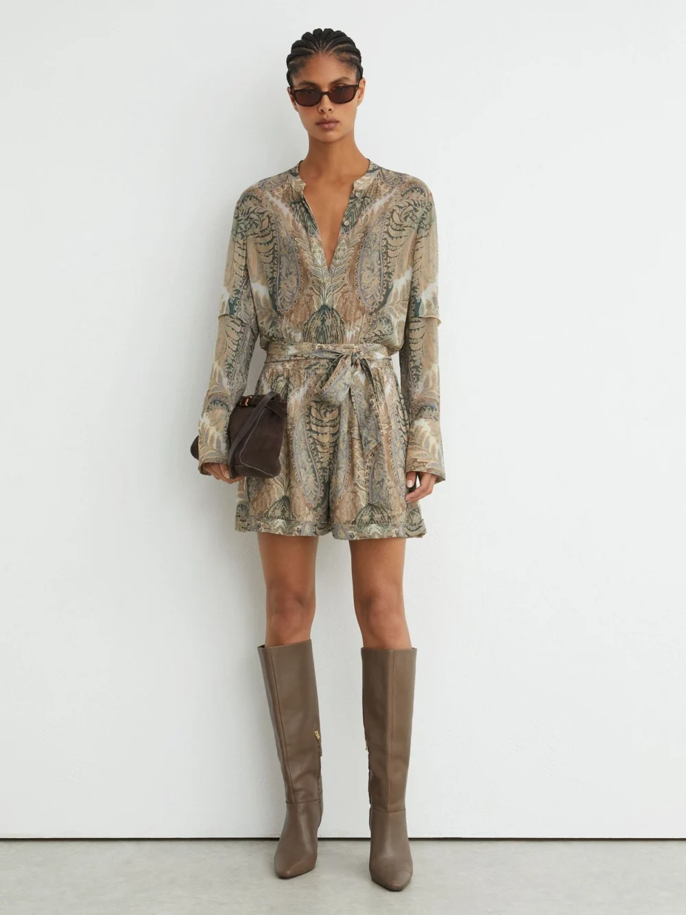 Reiss Grey & Neutral Paisley-print Tie-waist Playsuit, view 3