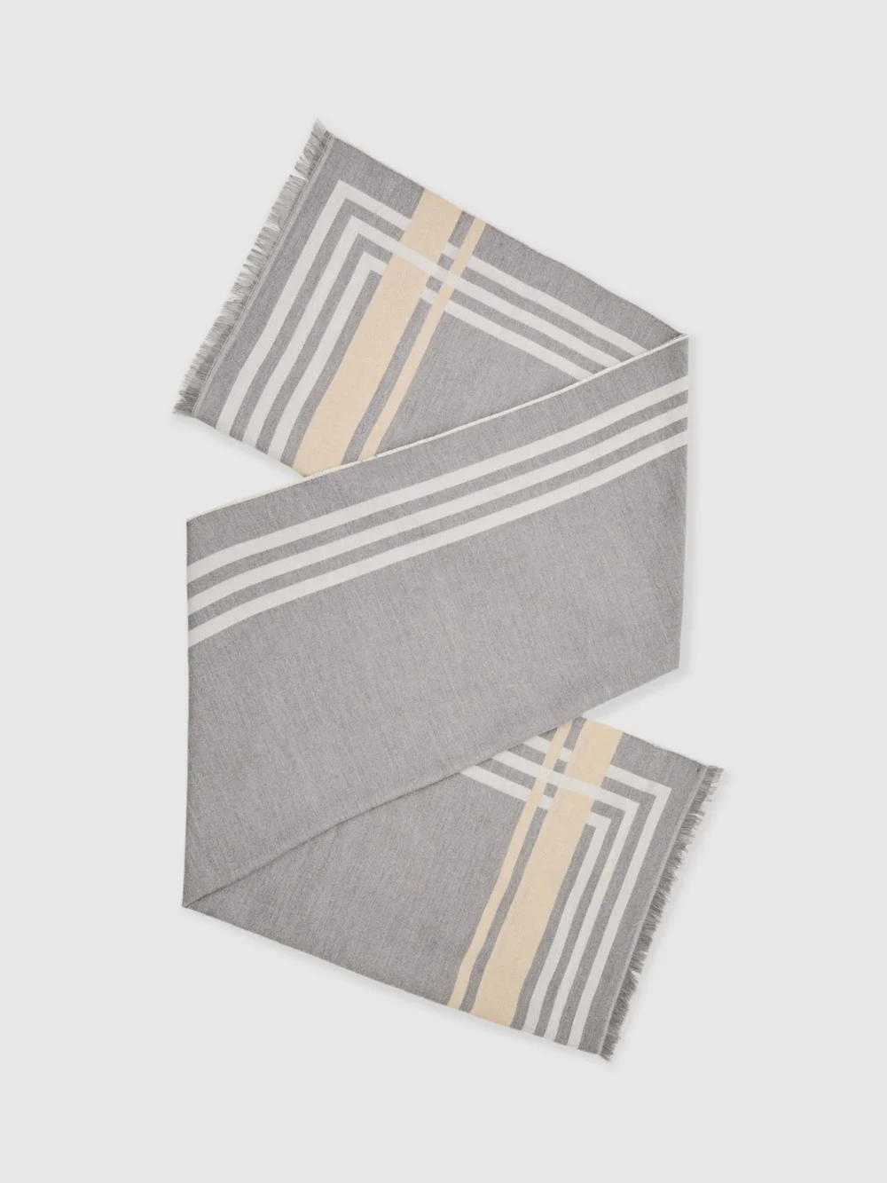 Reiss Grey Border Stripe Fringed Scarf,, view 2