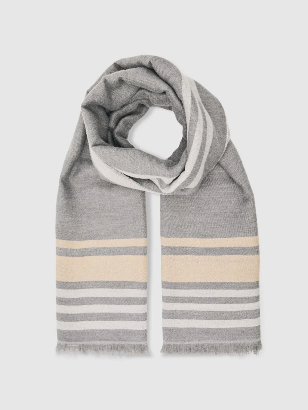 Reiss Grey Border Stripe Fringed Scarf,, view 3
