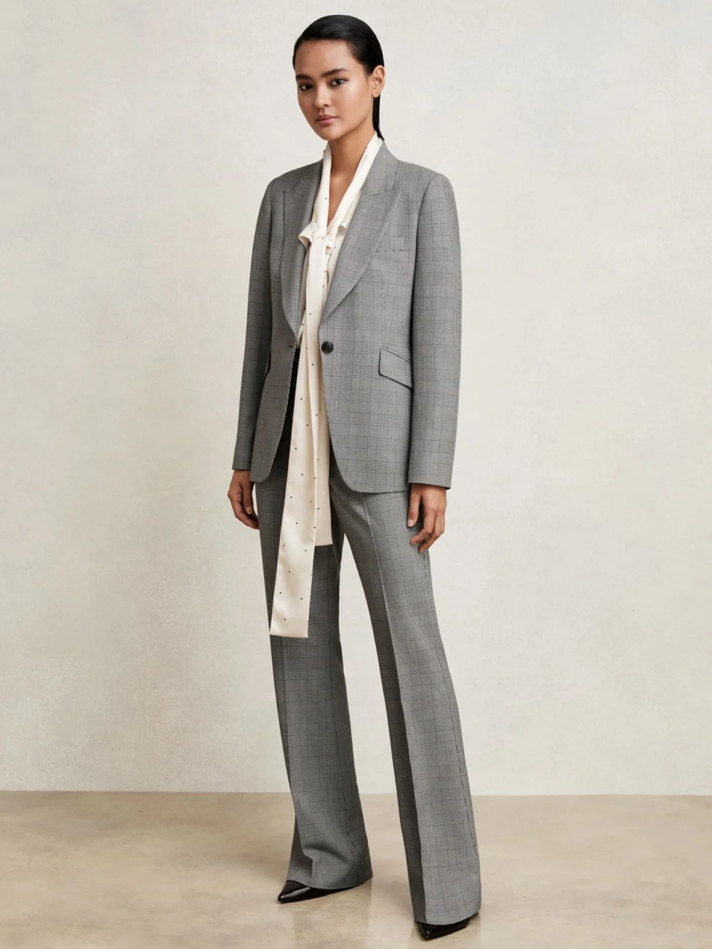 Reiss Grey Check Flared Suit Trousers, view 3
