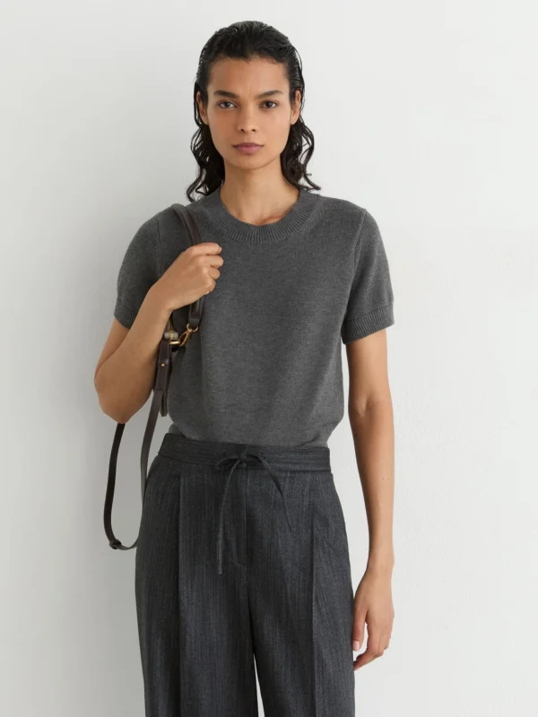 Reiss Grey Cotton and Wool Short-sleeve Knit Top