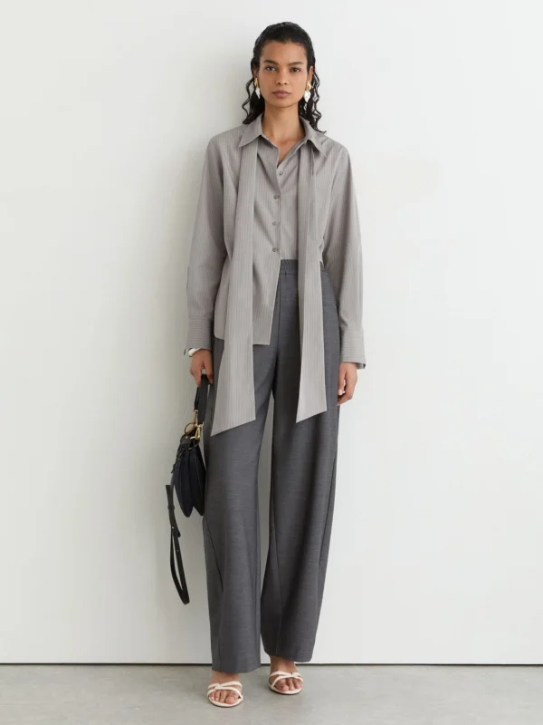 Reiss Grey Cotton Striped Tie-neck Shirt