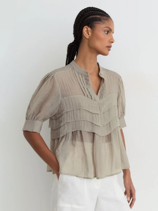 Reiss Grey Frill-detail Half-button Blouse