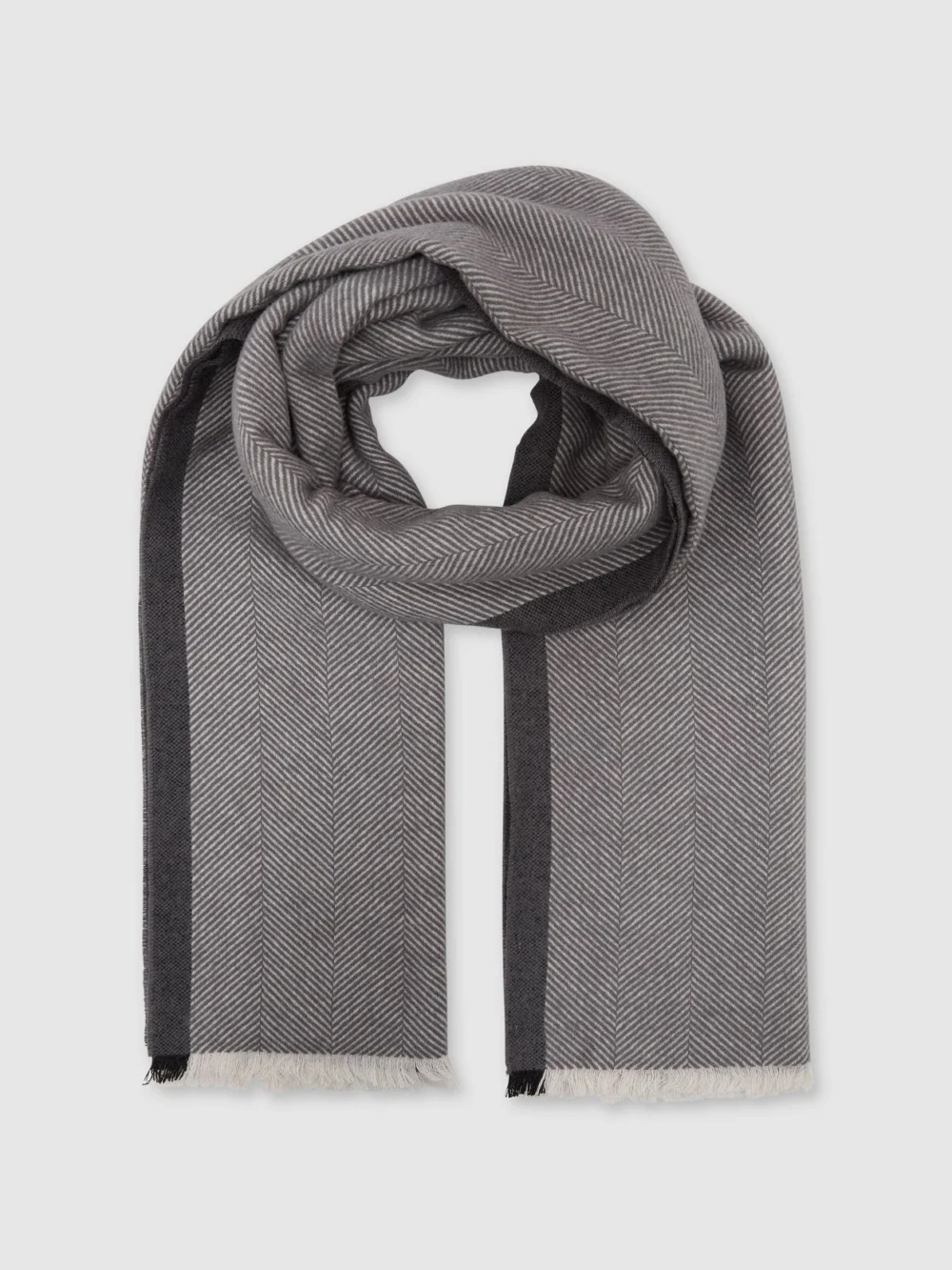 Reiss Grey Herringbone Scarf with Wool,, view 3