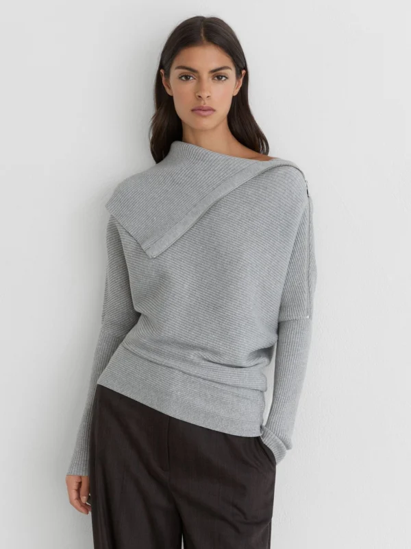 Reiss Grey Marl Asymmetric Zip-neck Rib-knit Jumper