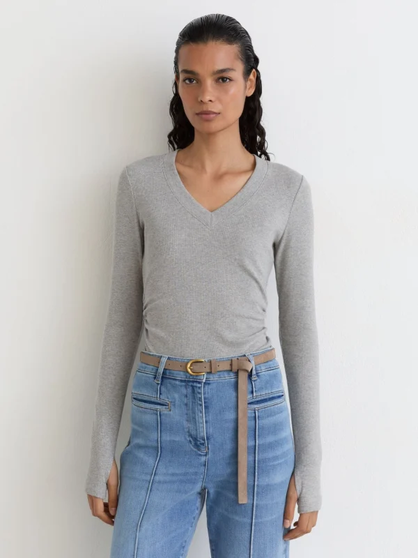 Reiss Grey Marl Cotton-stretch V-neck Ruched Top