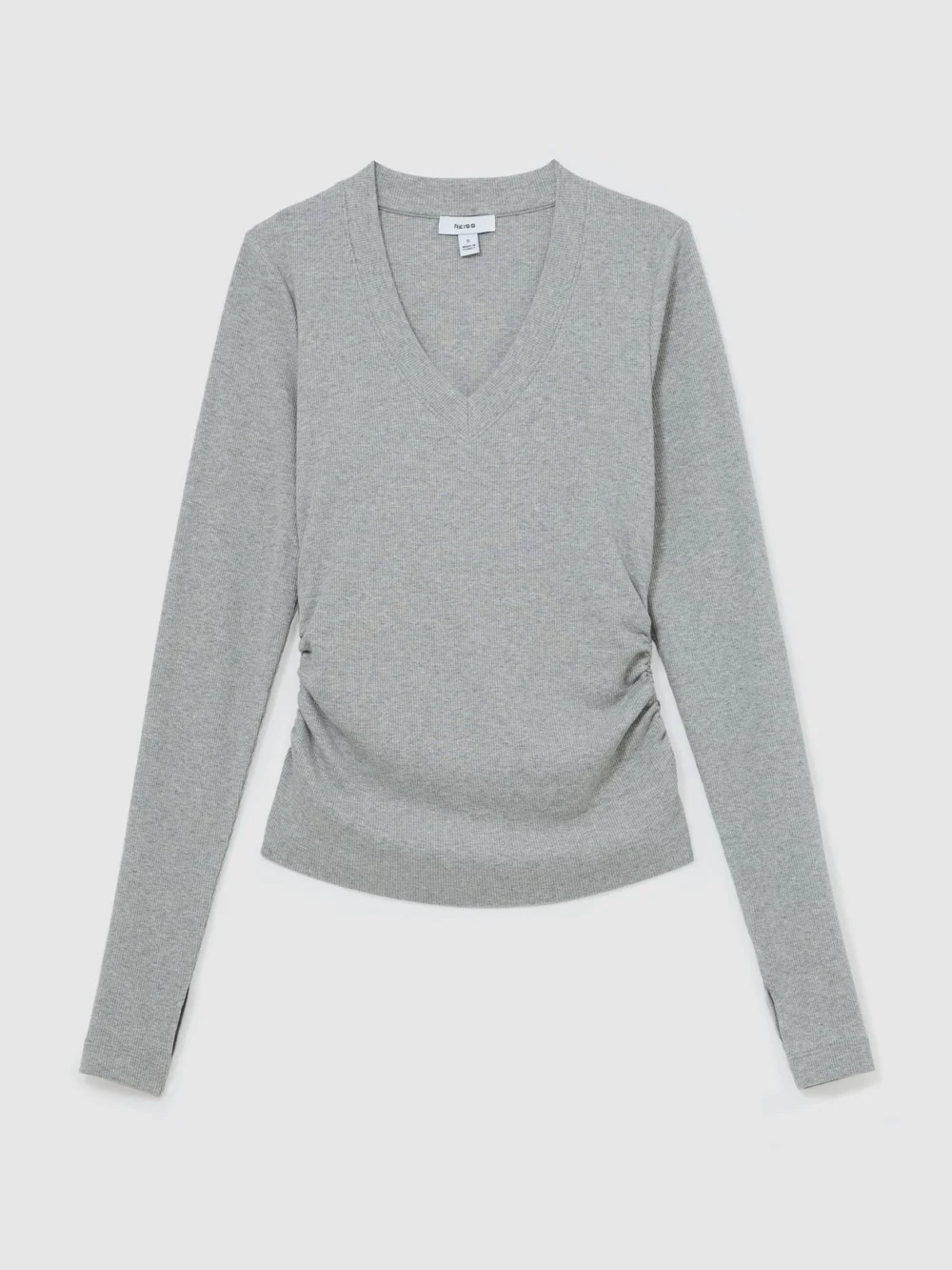 Reiss Grey Marl Cotton-stretch V-neck Ruched Top, view 2