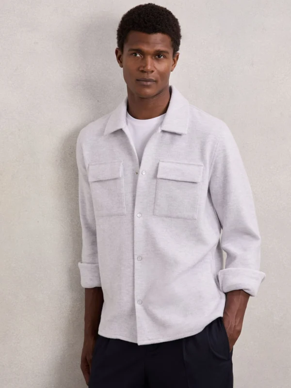 Reiss Grey Marl Press-stud Jersey Shirt with Cotton