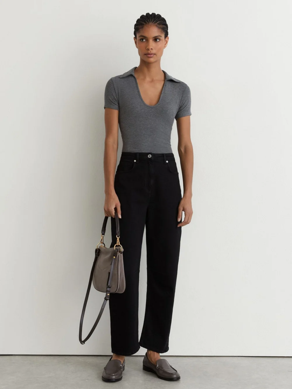 Reiss Grey Marl Scoop-neck Jersey Polo Top, view 3