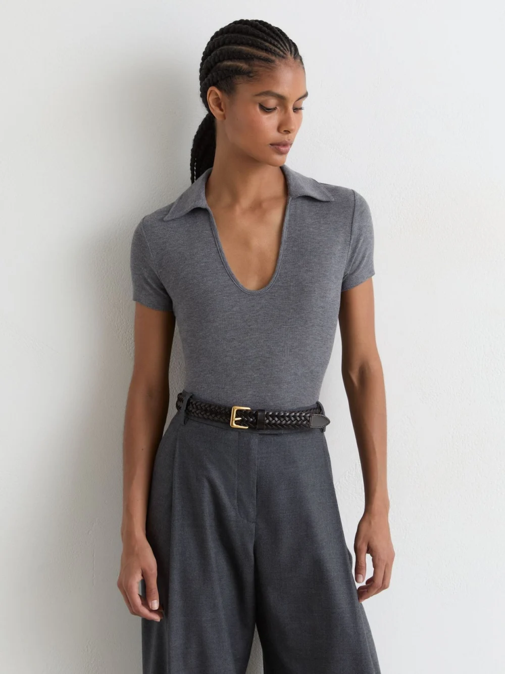 Reiss Grey Marl Scoop-neck Jersey Polo Top, view 4