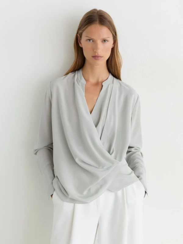 Reiss Grey Matte Silk Draped Shirt
